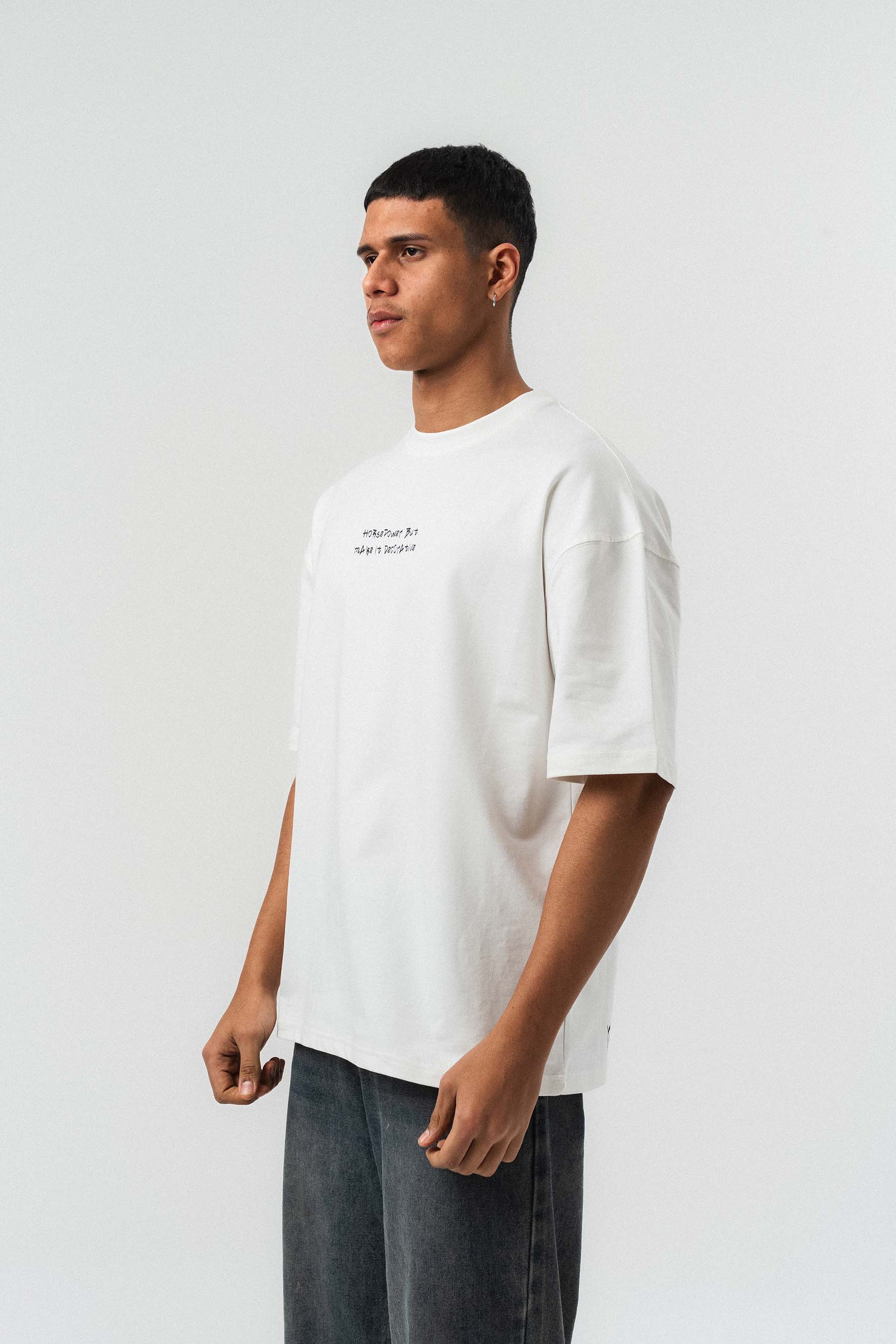 Horsepower Dekoratif Araba Baskılı Beyaz Oversize Baskılı T-Shirt