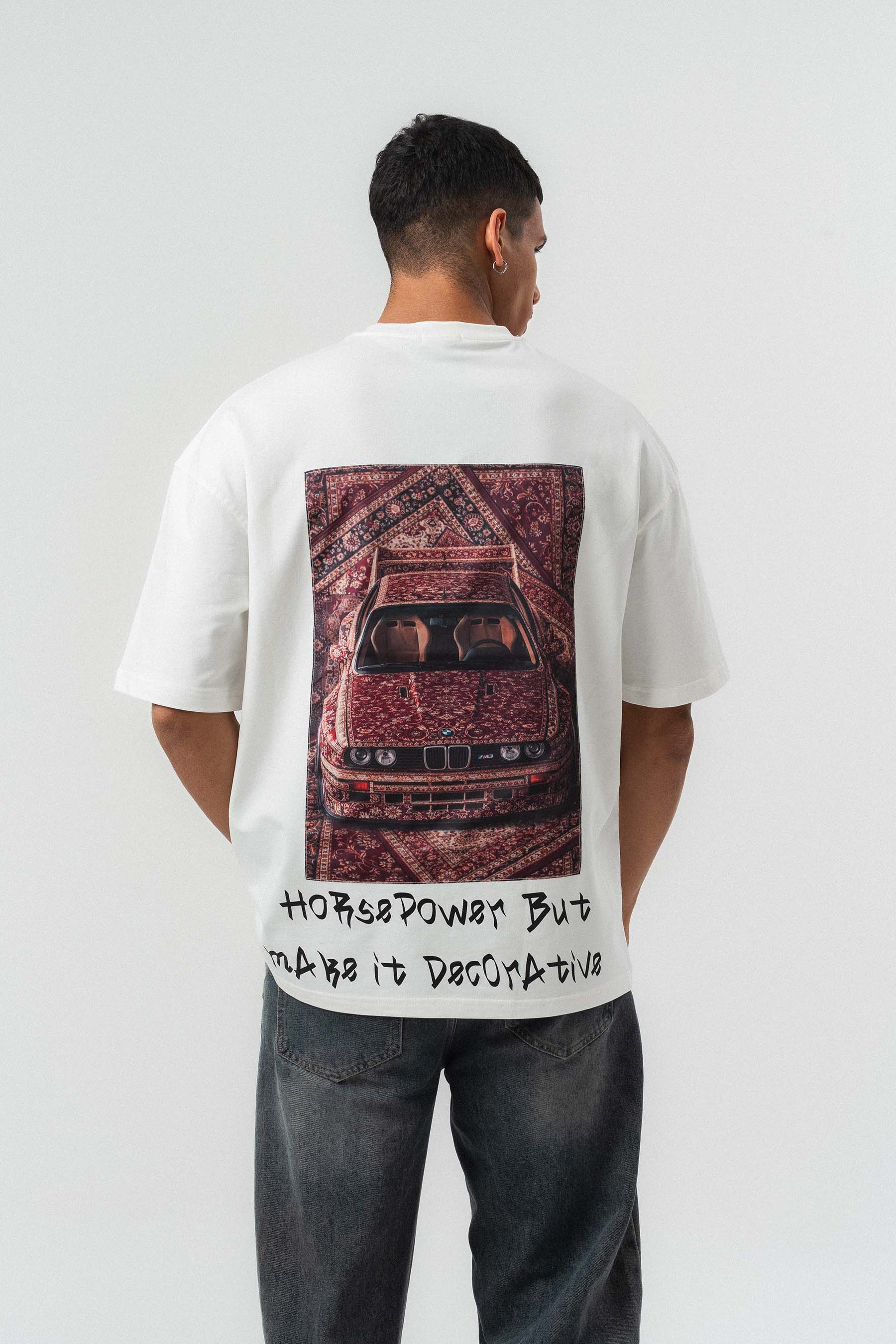 Horsepower Dekoratif Araba Baskılı Beyaz Oversize Baskılı T-Shirt
