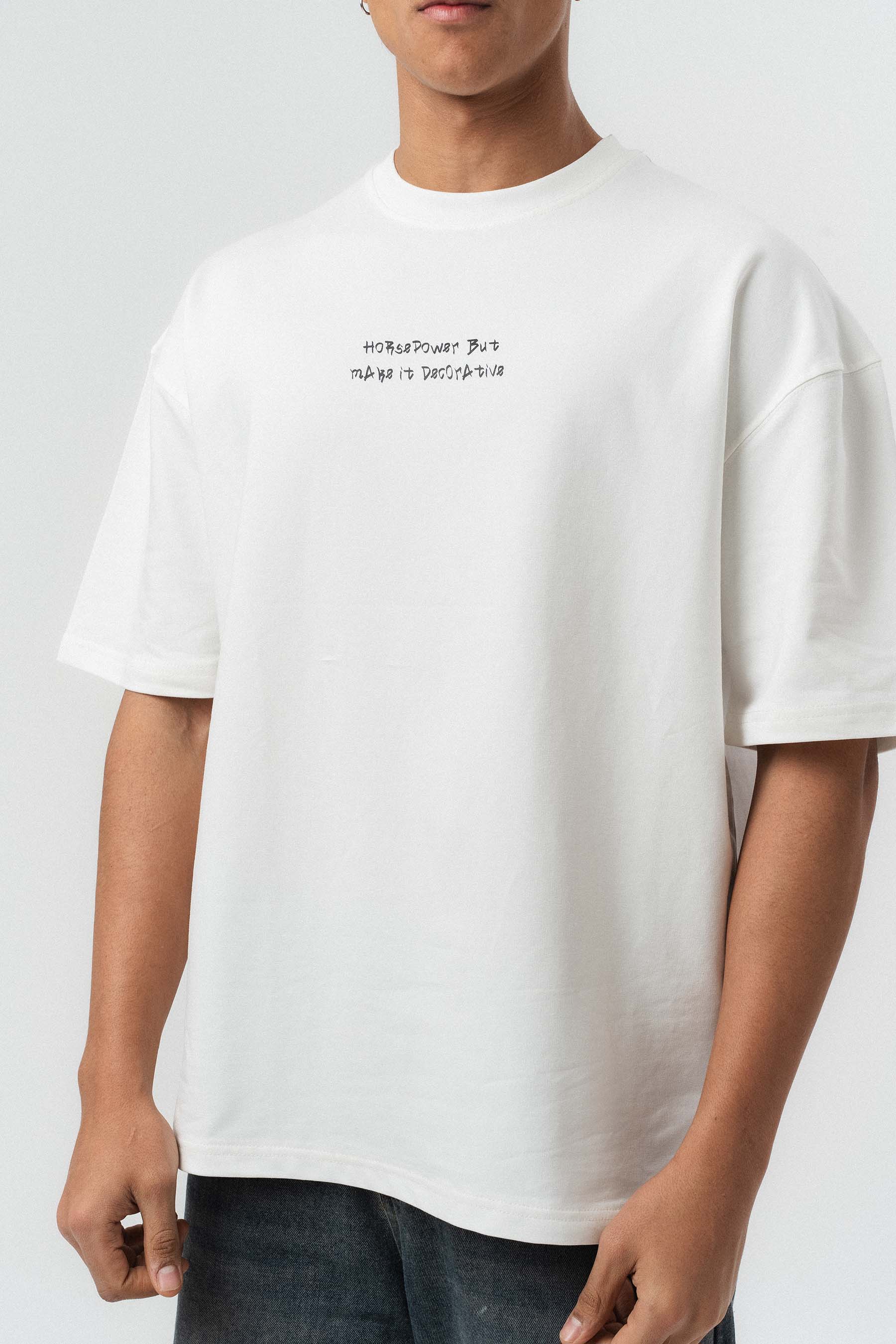 Horsepower Dekoratif Araba Baskılı Beyaz Oversize Baskılı T-Shirt