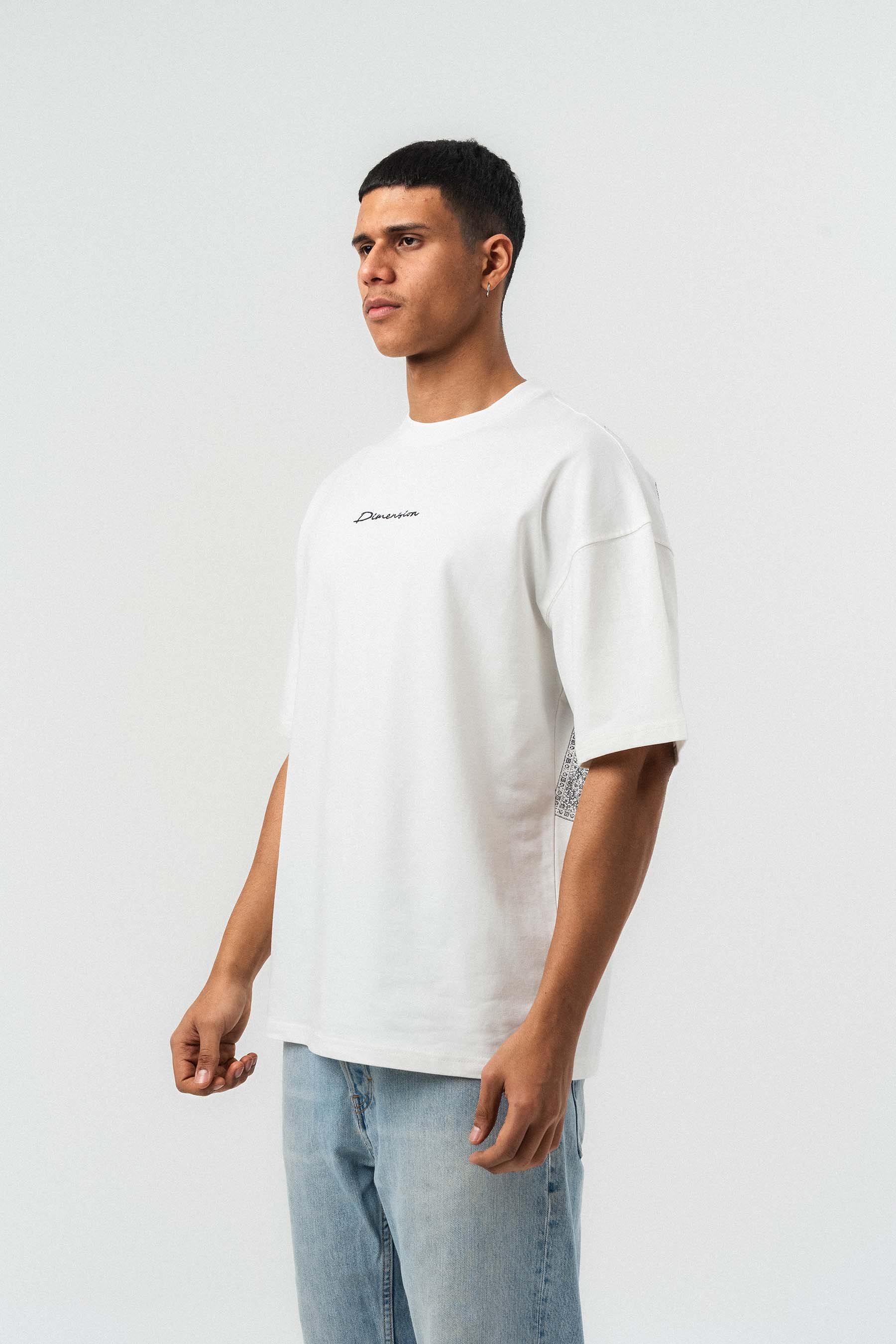 Etnik Desen Nakış Detaylı Beyaz Oversize Baskılı T-Shirt