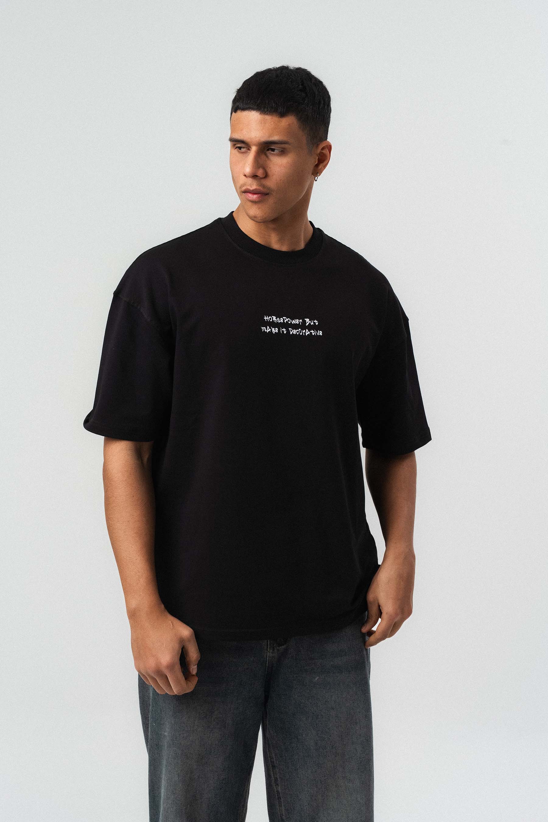 Horsepower Dekoratif Araba Baskılı Siyah Oversize Baskılı T-Shirt
