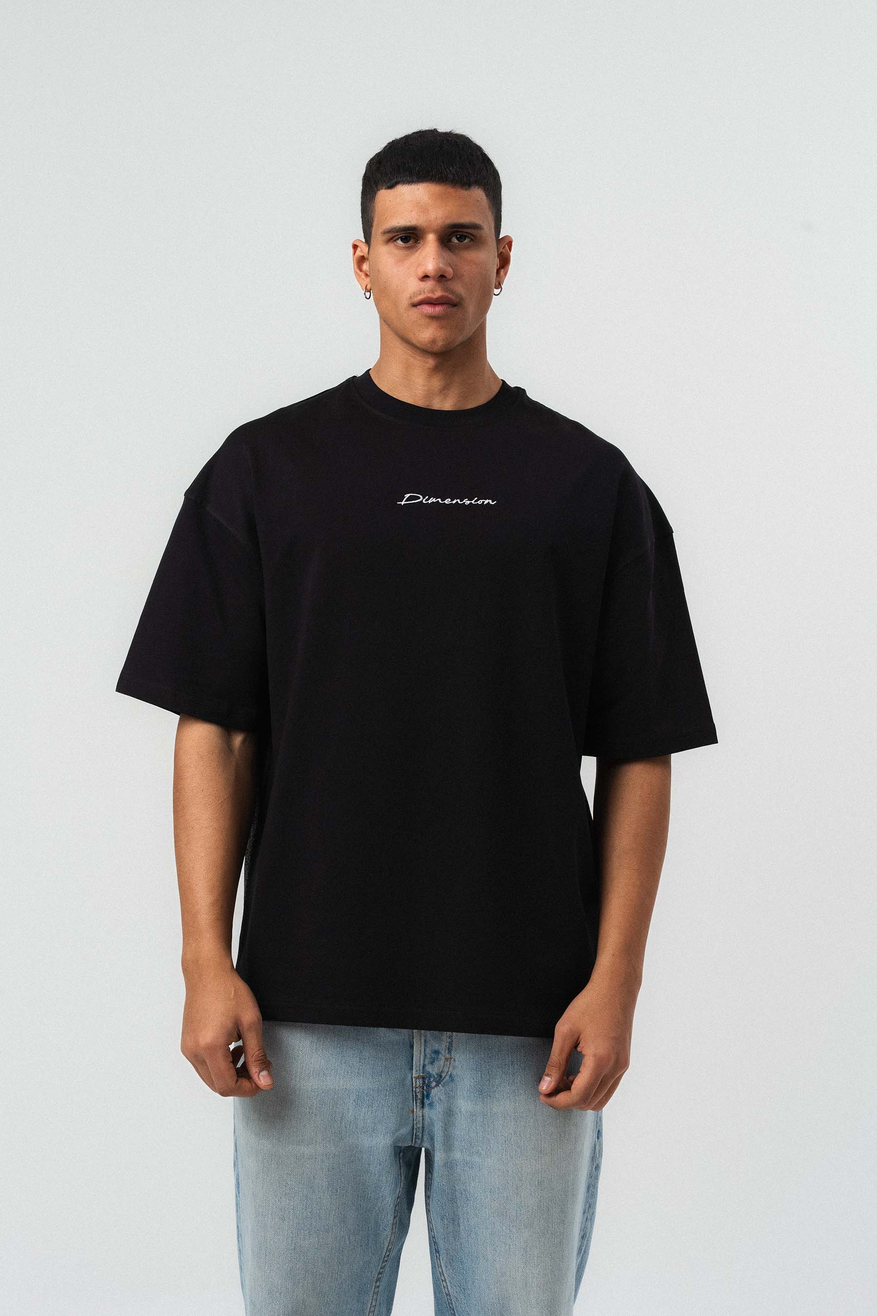 Etnik Desen Nakış Detaylı Siyah Oversize Baskılı T-Shirt