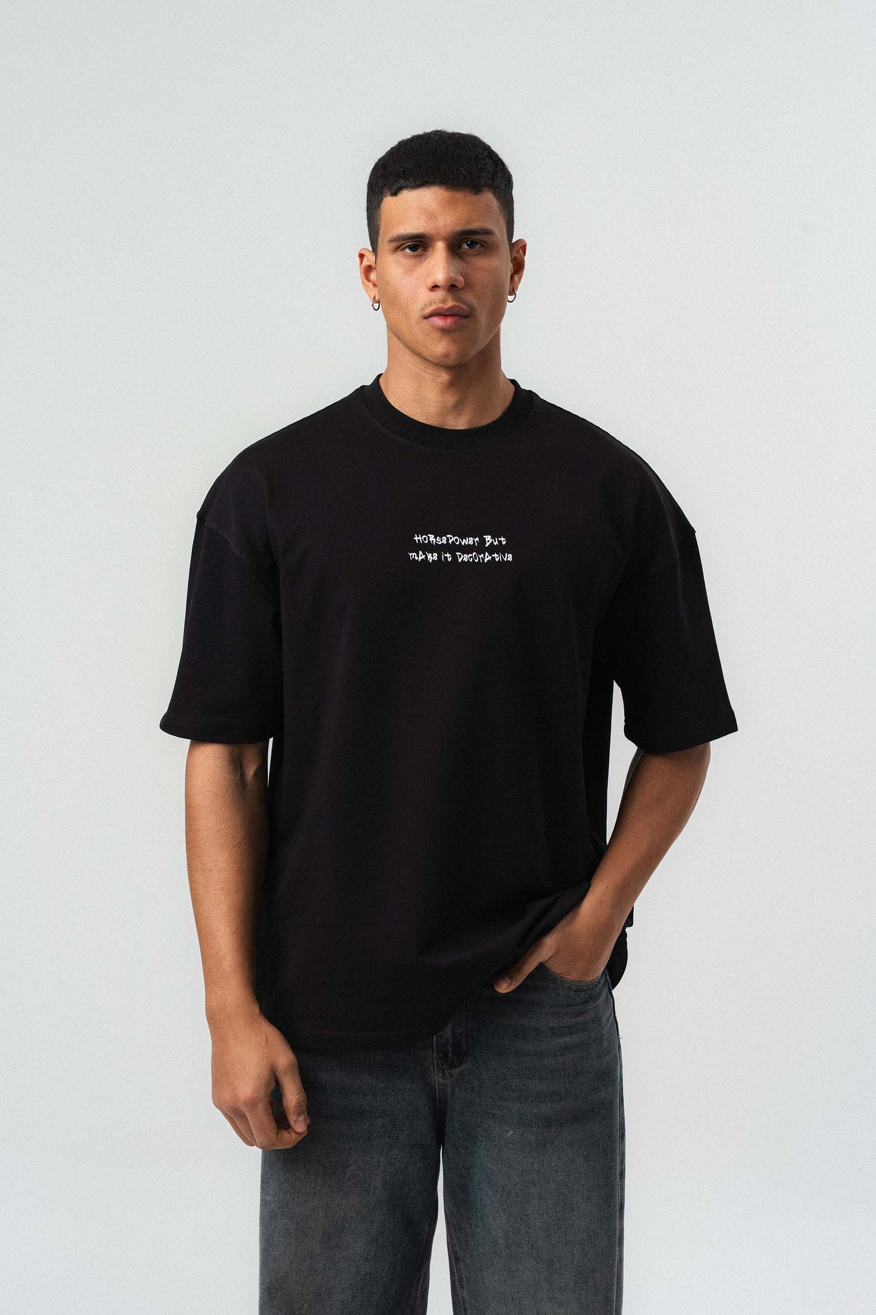 Horsepower Dekoratif Araba Baskılı Siyah Oversize Baskılı T-Shirt