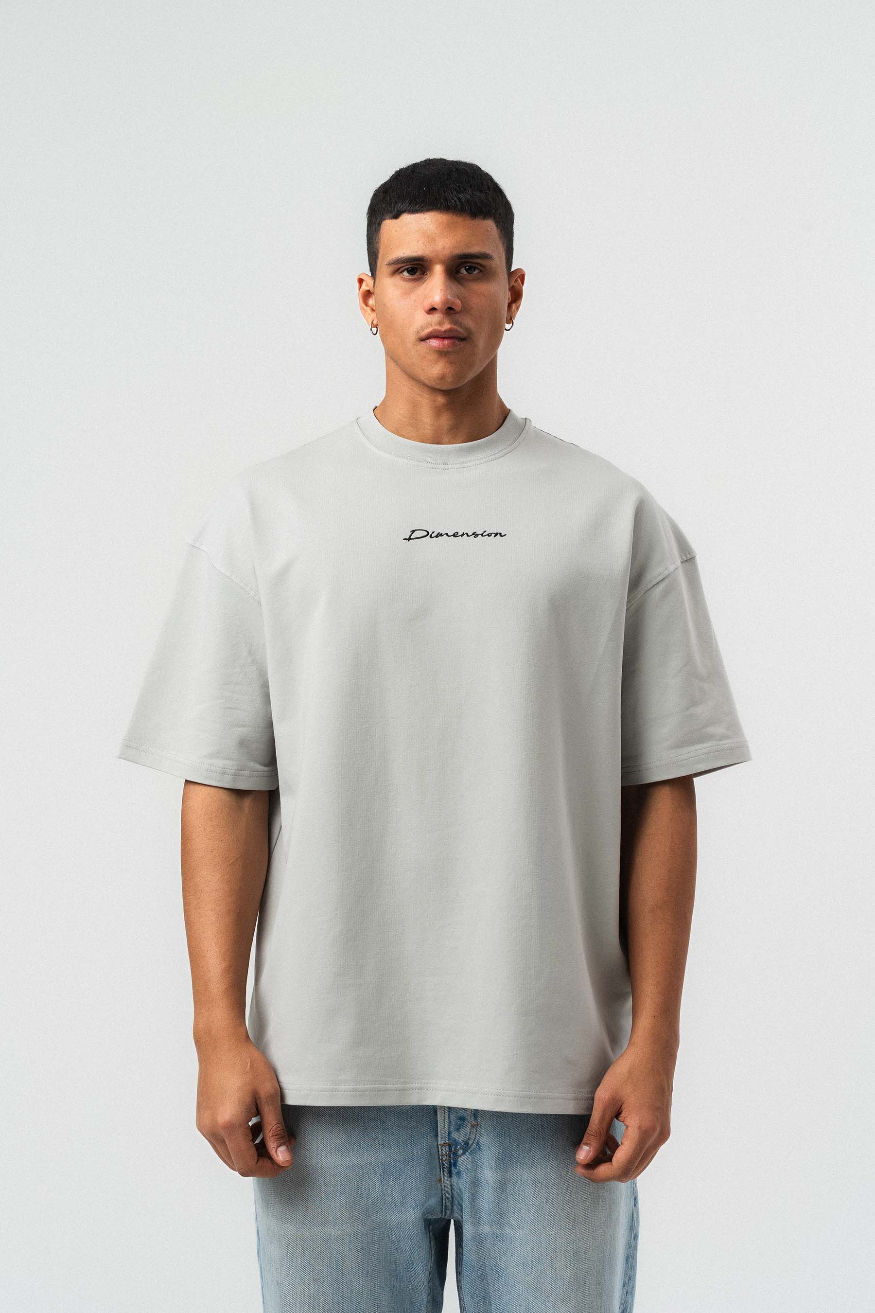 Etnik Desen Nakış Detaylı Gri Oversize Baskılı T-Shirt