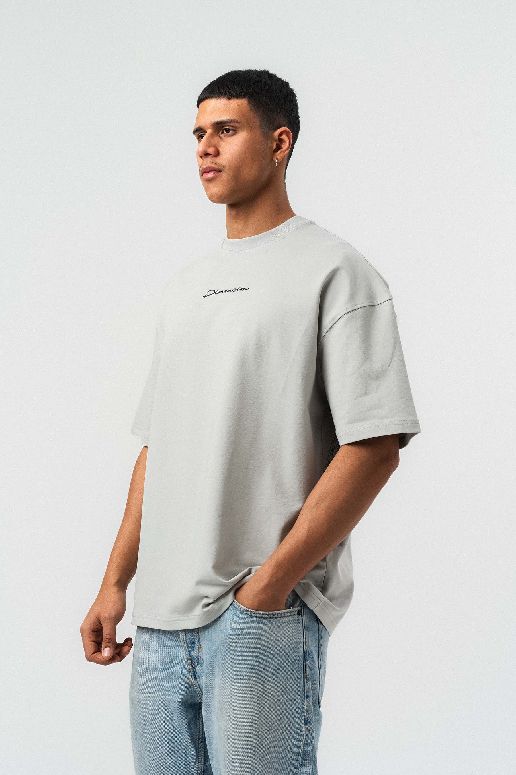 Etnik Desen Nakış Detaylı Gri Oversize Baskılı T-Shirt