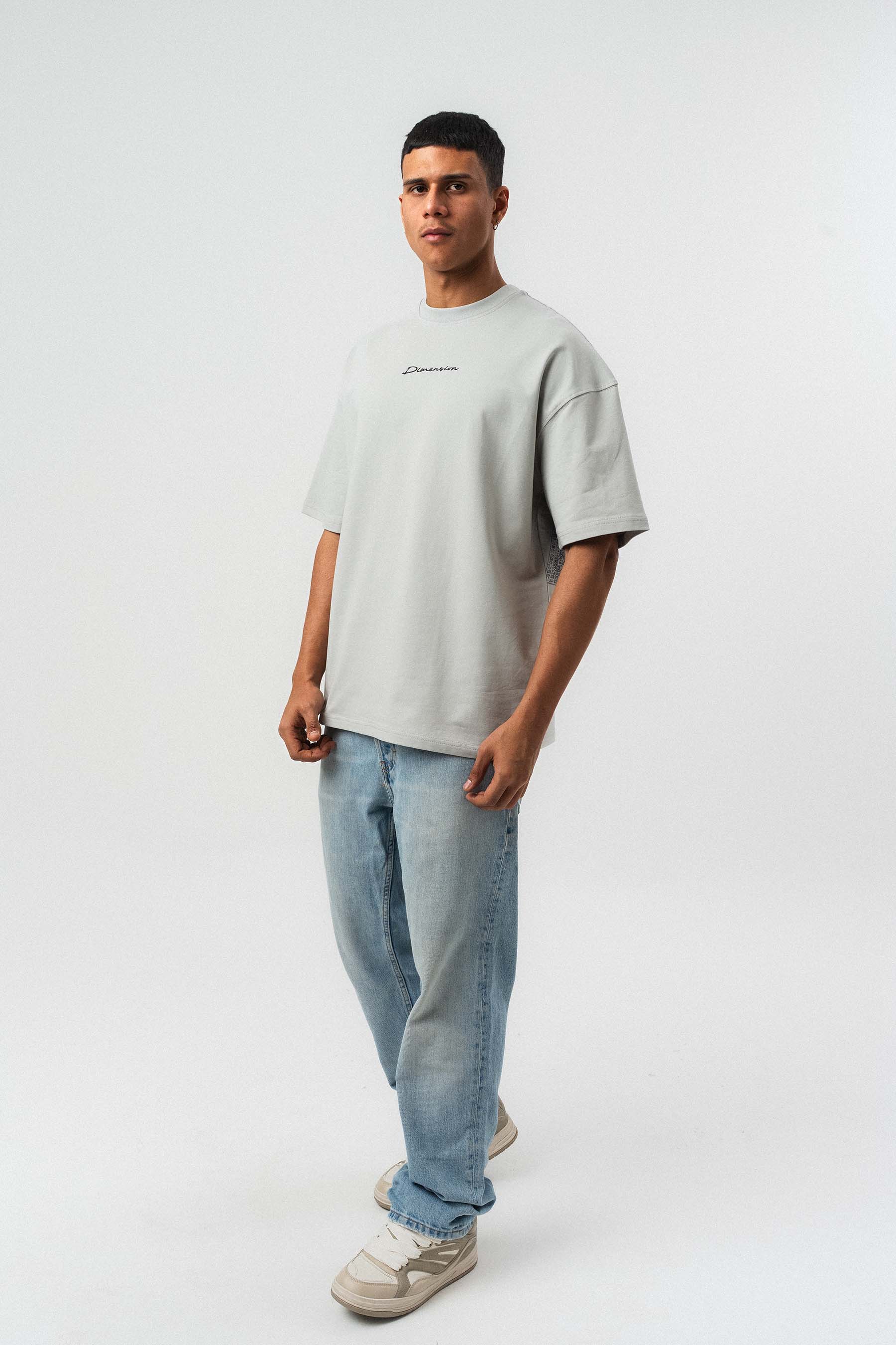 Etnik Desen Nakış Detaylı Gri Oversize Baskılı T-Shirt