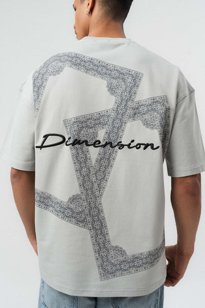 Etnik Desen Nakış Detaylı Gri Oversize Baskılı T-Shirt