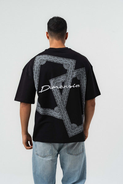 Etnik Desen Nakış Detaylı Siyah Oversize Baskılı T-Shirt