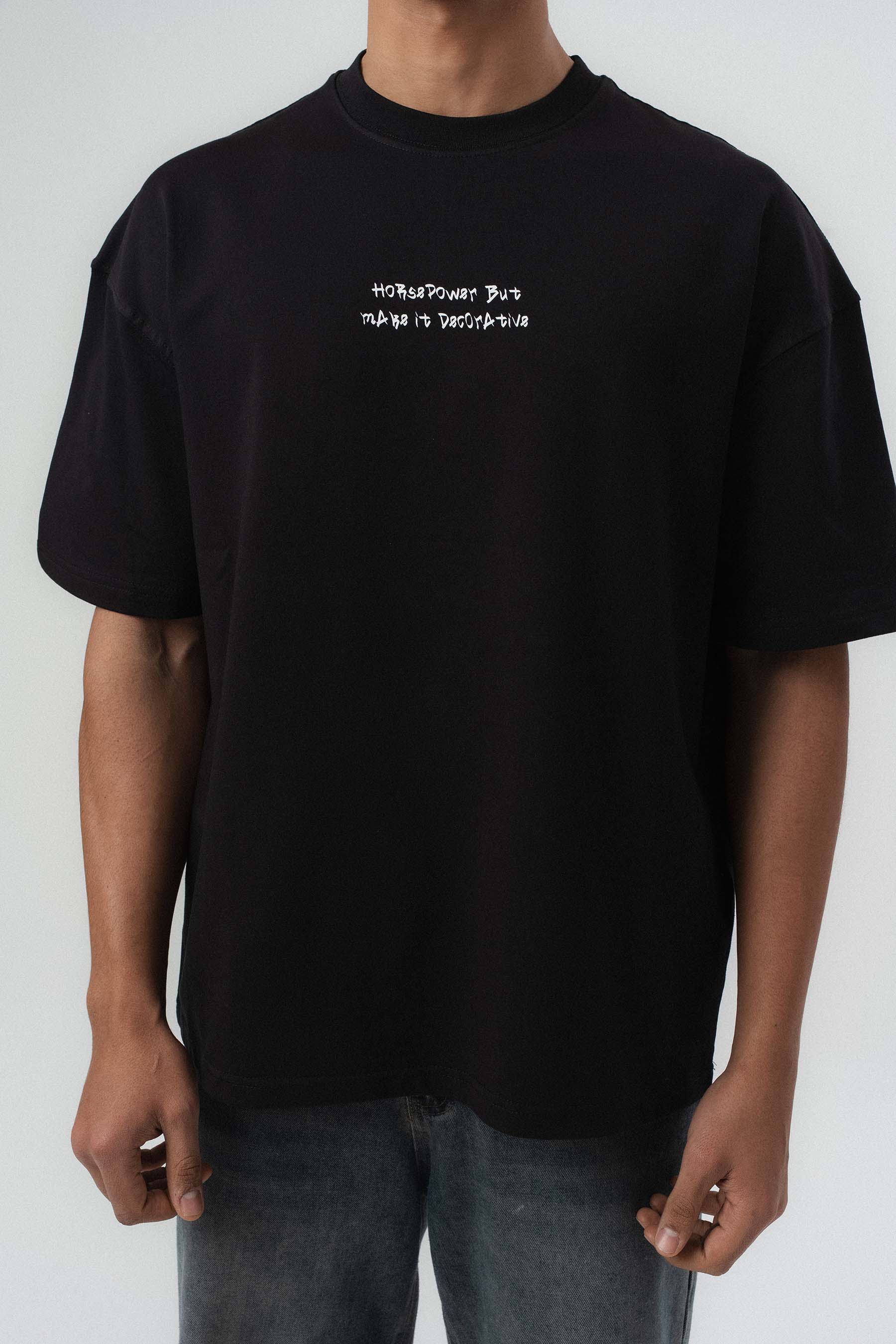 Horsepower Dekoratif Araba Baskılı Siyah Oversize Baskılı T-Shirt