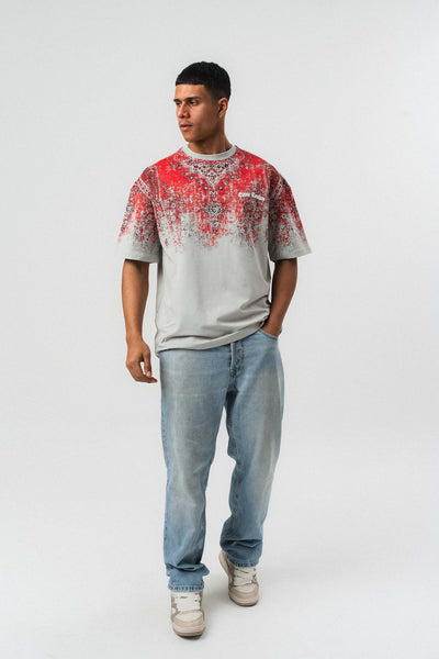 Etnik Desen Nakış Detaylı Kabartmalı Gri Oversize Baskılı T-Shirt