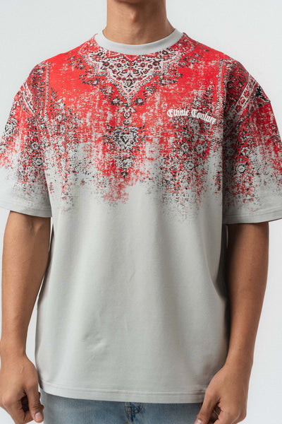 Etnik Desen Nakış Detaylı Kabartmalı Gri Oversize Baskılı T-Shirt