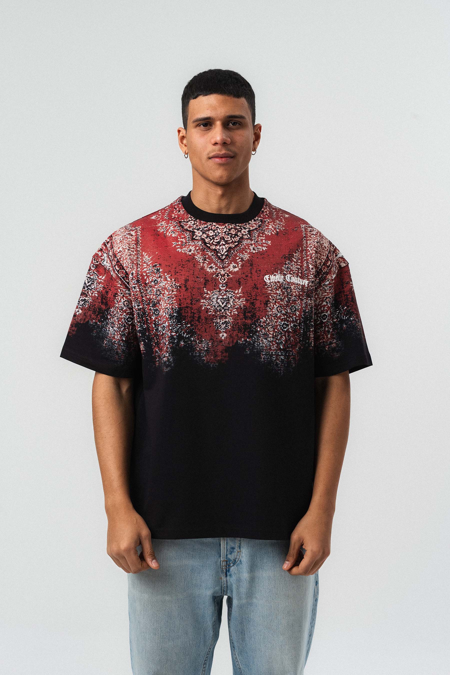 Etnik Desen Nakış Detaylı Kabartmalı Siyah Oversize Baskılı T-Shirt