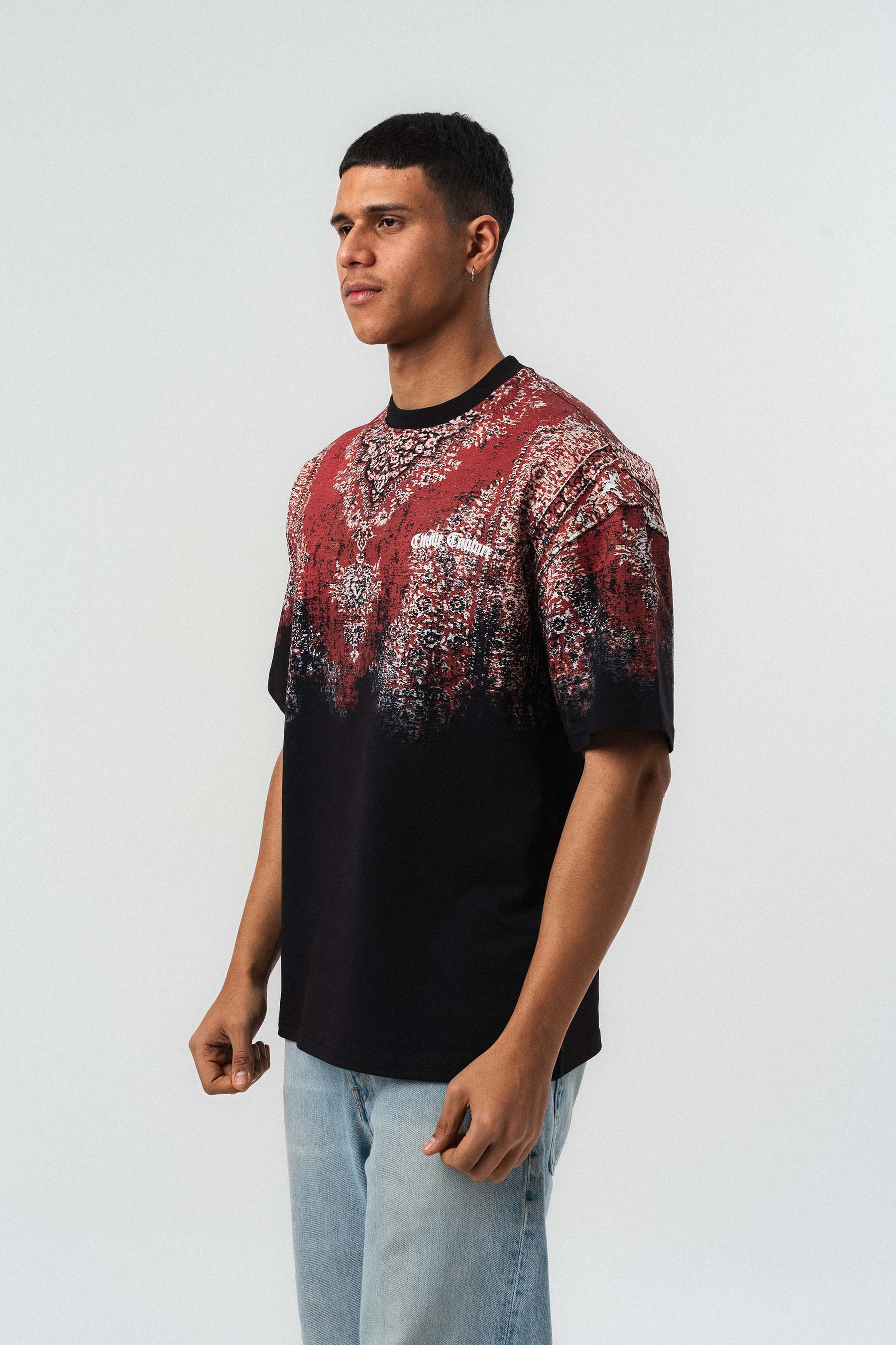 Etnik Desen Nakış Detaylı Kabartmalı Siyah Oversize Baskılı T-Shirt