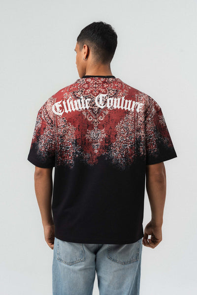 Etnik Desen Nakış Detaylı Kabartmalı Siyah Oversize Baskılı T-Shirt