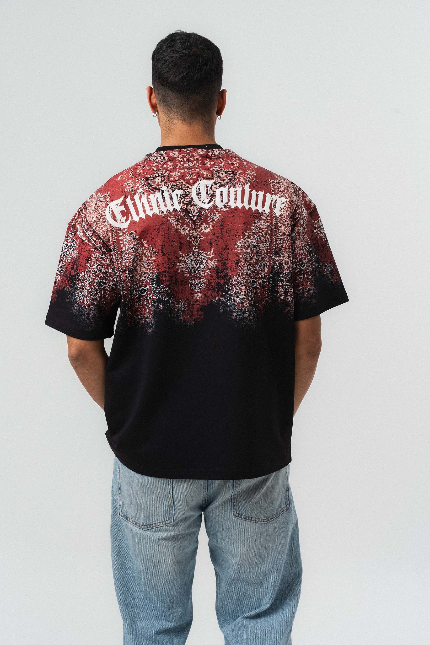 Etnik Desen Nakış Detaylı Kabartmalı Siyah Oversize Baskılı T-Shirt