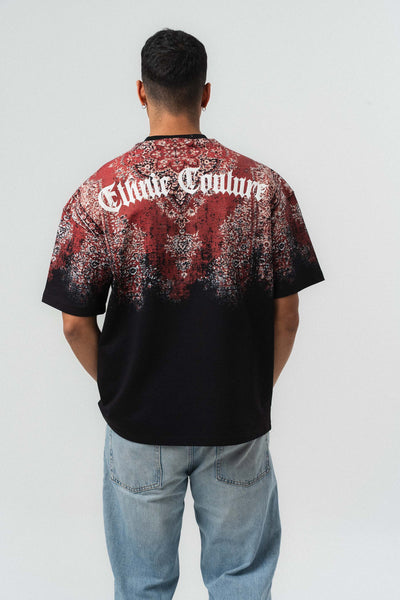 Etnik Desen Nakış Detaylı Kabartmalı Siyah Oversize Baskılı T-Shirt
