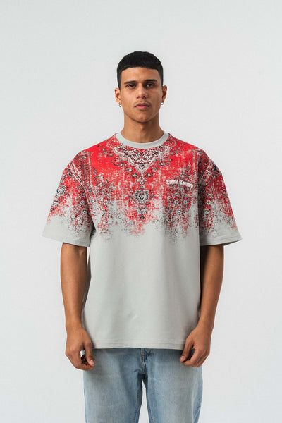 Etnik Desen Nakış Detaylı Kabartmalı Gri Oversize Baskılı T-Shirt