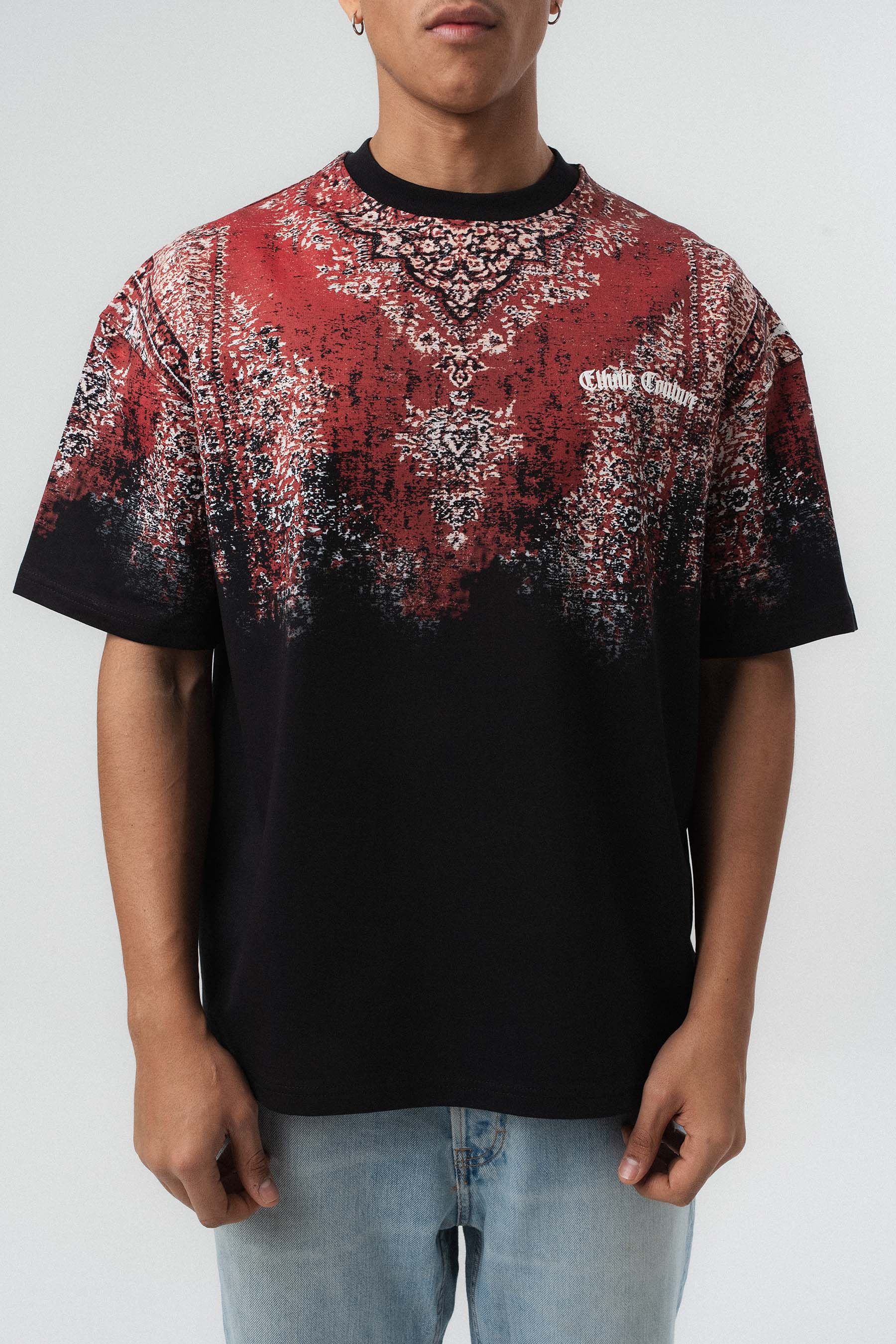 Etnik Desen Nakış Detaylı Kabartmalı Siyah Oversize Baskılı T-Shirt