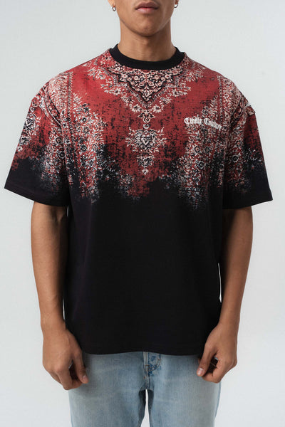 Etnik Desen Nakış Detaylı Kabartmalı Siyah Oversize Baskılı T-Shirt