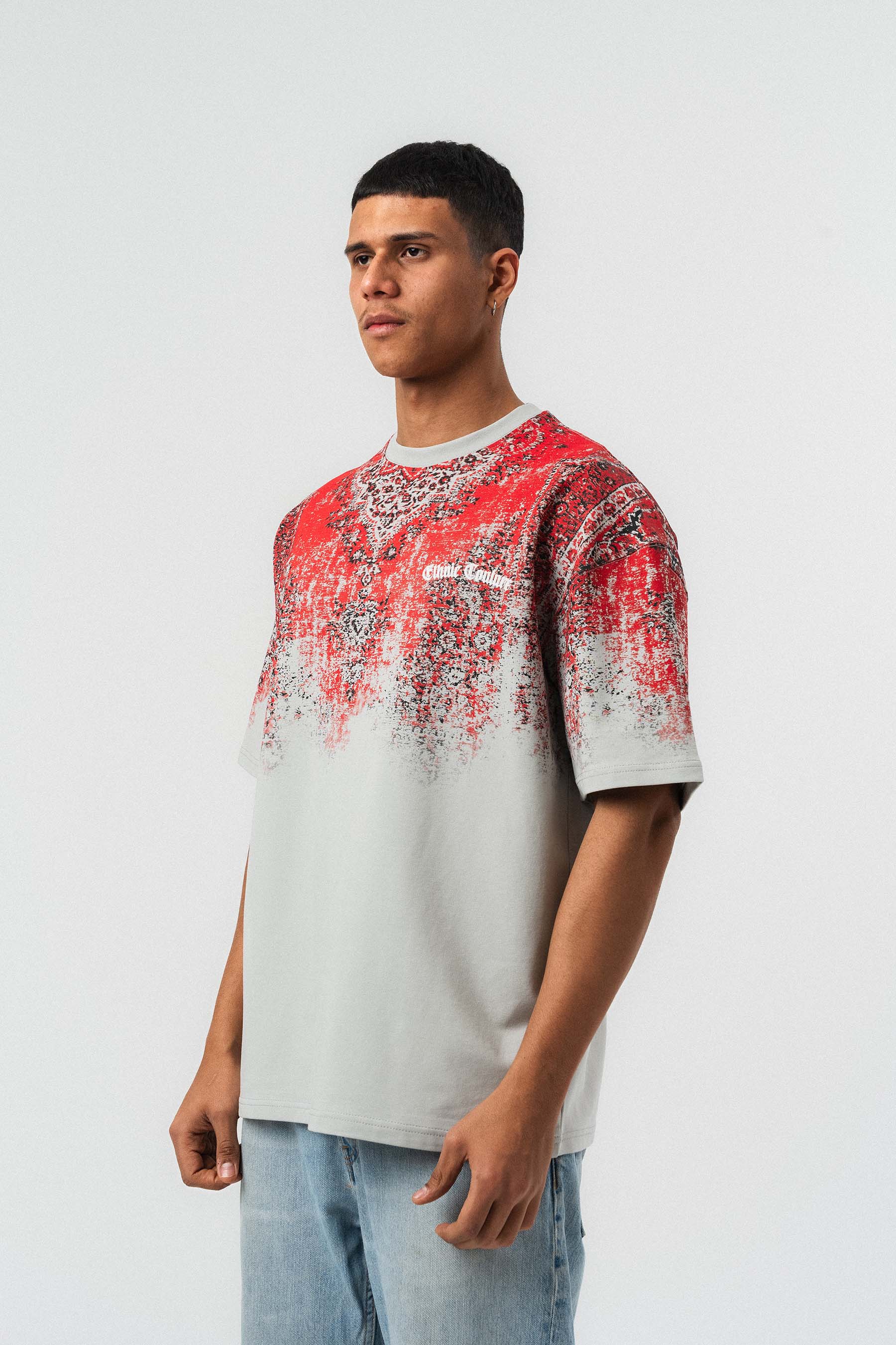 Etnik Desen Nakış Detaylı Kabartmalı Gri Oversize Baskılı T-Shirt