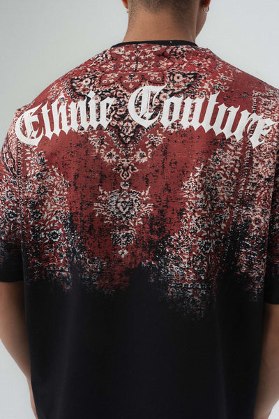 Etnik Desen Nakış Detaylı Kabartmalı Siyah Oversize Baskılı T-Shirt