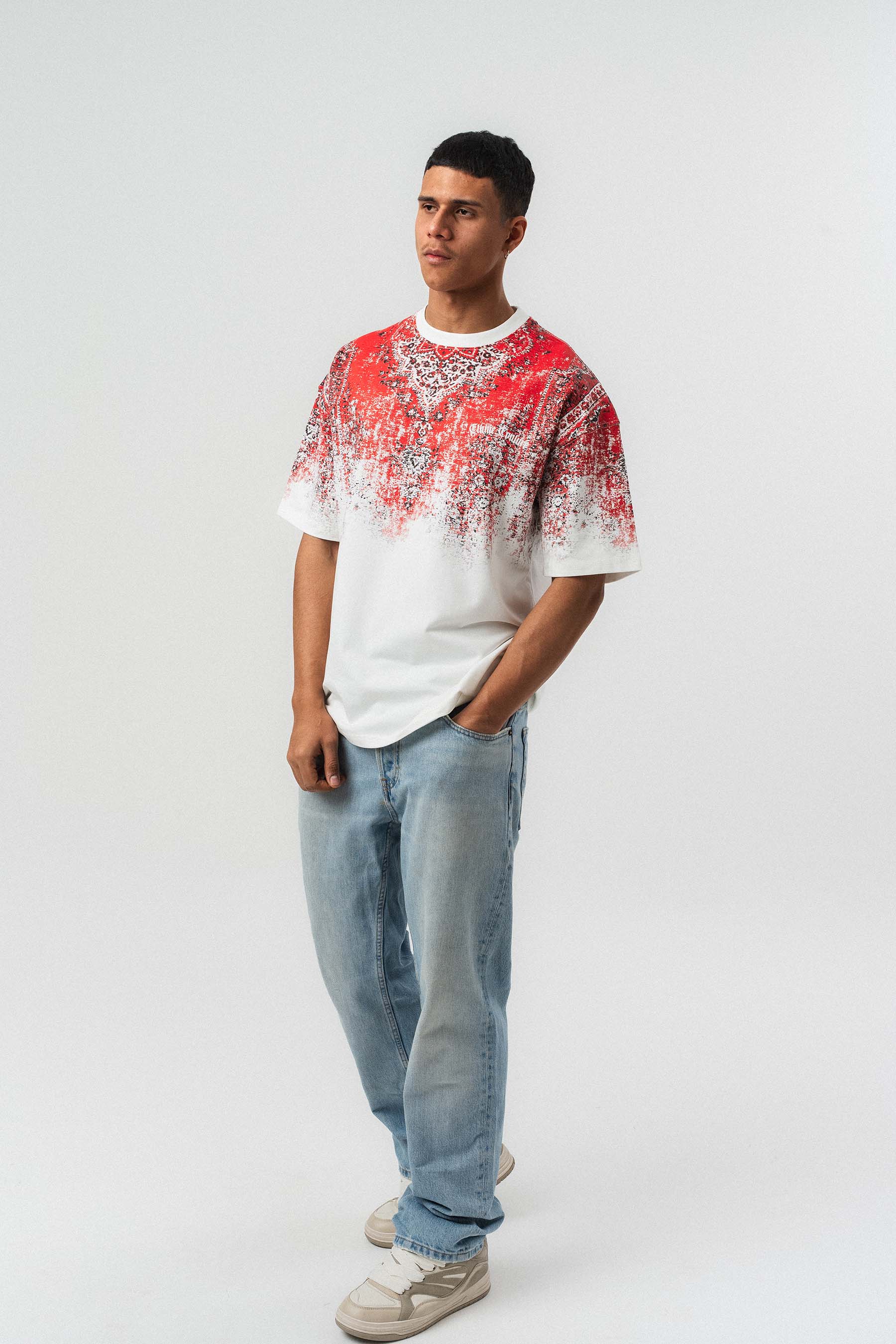Etnik Desen Nakış Detaylı Kabartmalı Beyaz Oversize Baskılı T-Shirt