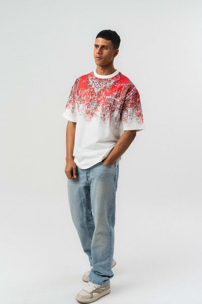 Etnik Desen Nakış Detaylı Kabartmalı Beyaz Oversize Baskılı T-Shirt
