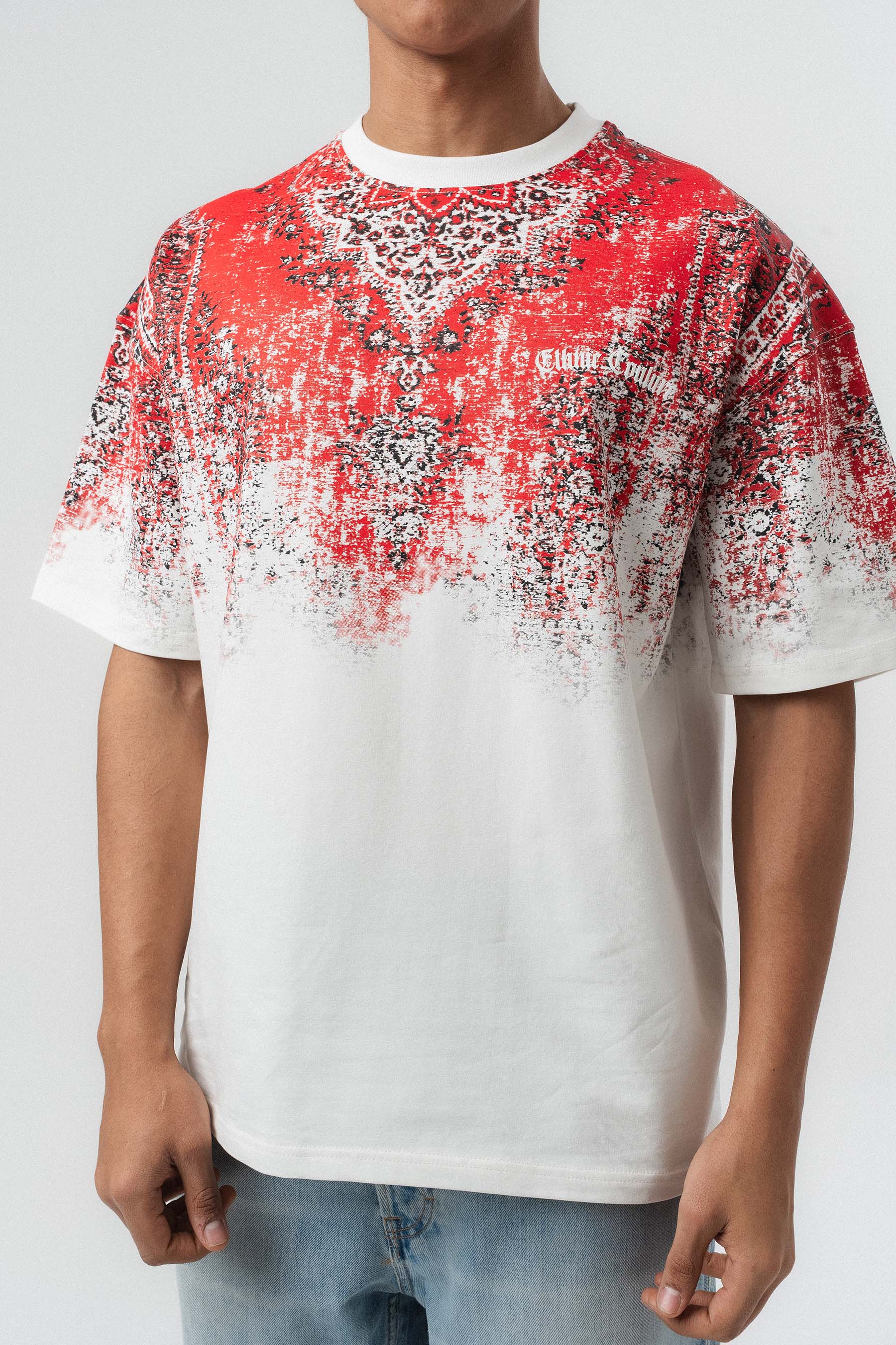 Etnik Desen Nakış Detaylı Kabartmalı Beyaz Oversize Baskılı T-Shirt