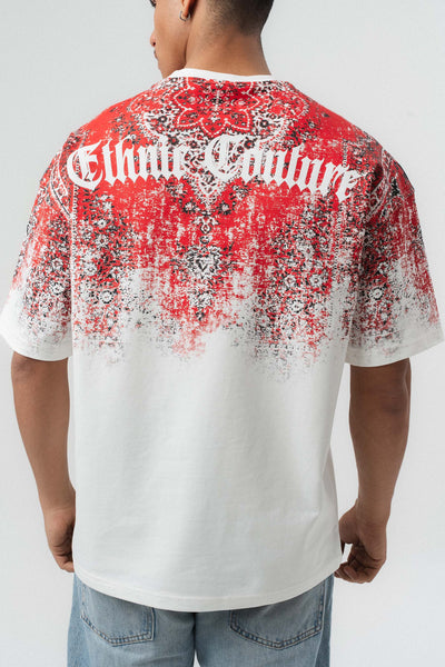 Etnik Desen Nakış Detaylı Kabartmalı Beyaz Oversize Baskılı T-Shirt