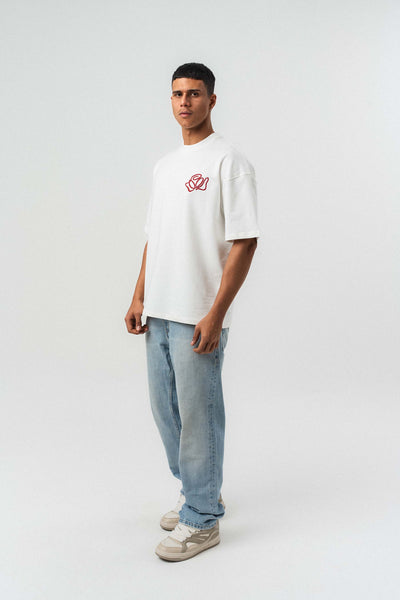 Etnik Desenli Nakış Detaylı Beyaz Oversize Baskılı T-Shirt