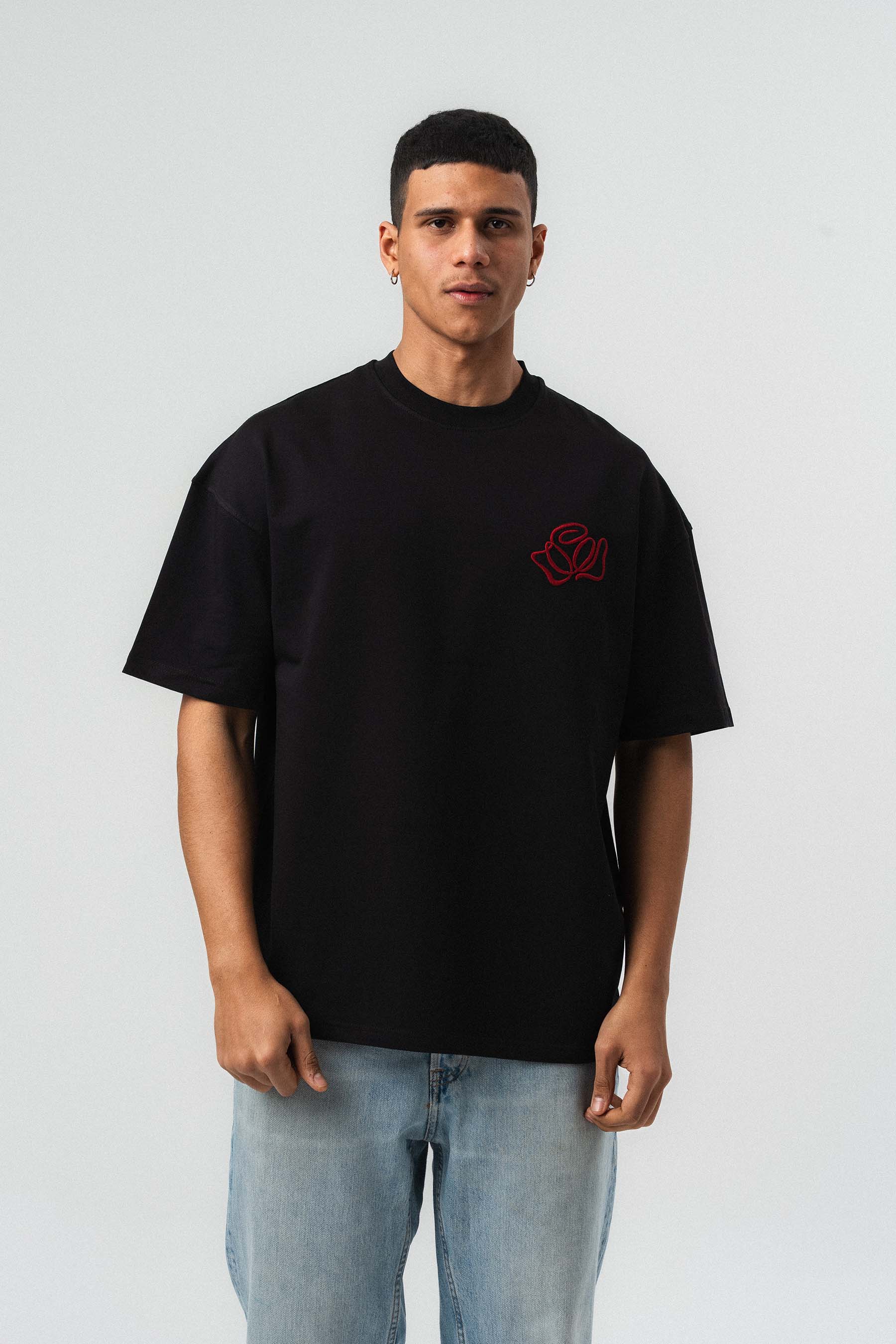 Etnik Desen Nakış Detaylı Siyah Oversize Baskılı T-Shirt