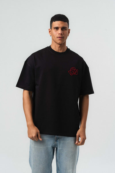 Etnik Desen Nakış Detaylı Siyah Oversize Baskılı T-Shirt
