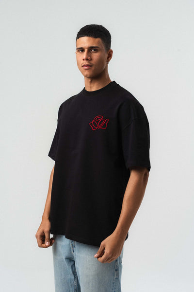 Etnik Desen Nakış Detaylı Siyah Oversize Baskılı T-Shirt