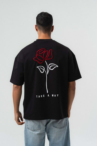 Etnik Desen Nakış Detaylı Siyah Oversize Baskılı T-Shirt