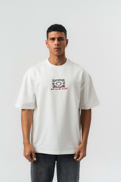 Tell me The Truth Nakış Detaylı Beyaz Oversize Baskılı T-Shirt