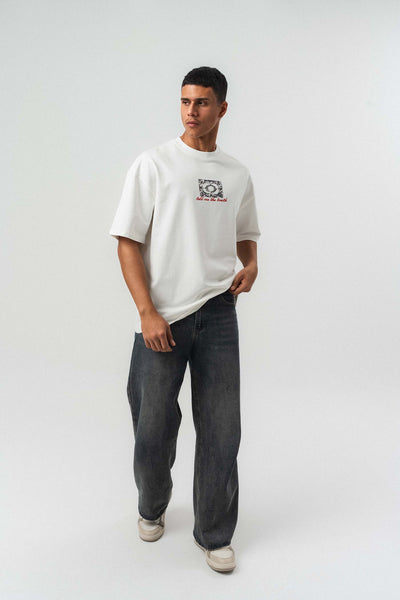 Tell me The Truth Nakış Detaylı Beyaz Oversize Baskılı T-Shirt