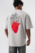 Who Holds My Heart Gri Oversize Baskılı T-Shirt