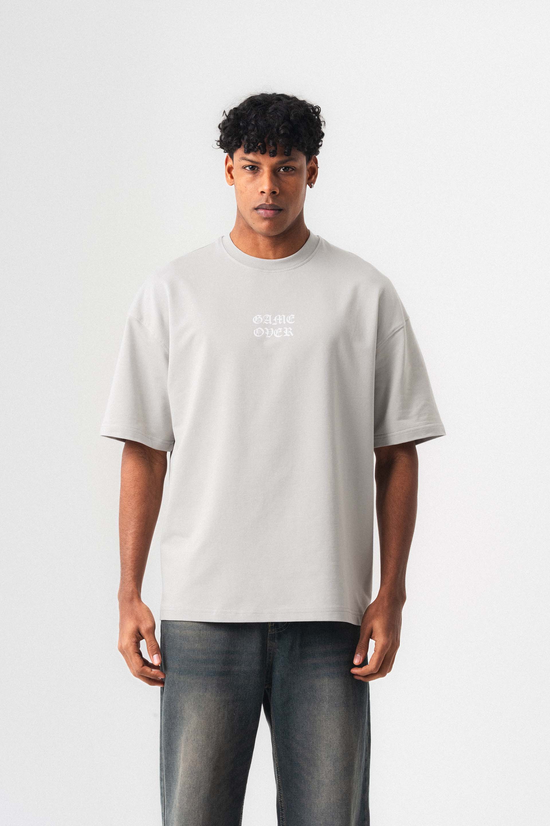 Game Over Gri Oversize Baskılı T-Shirt