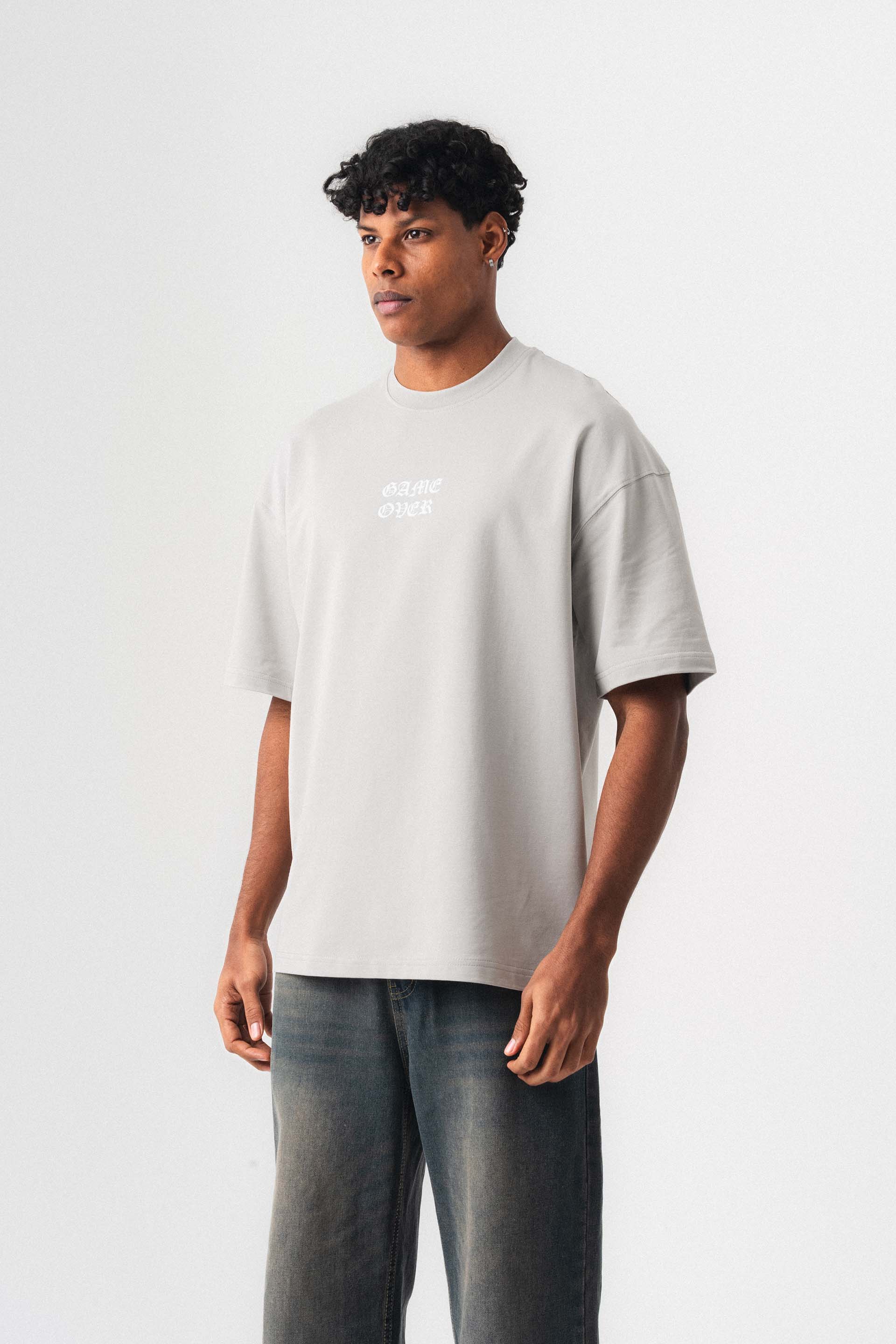 Game Over Gri Oversize Baskılı T-Shirt