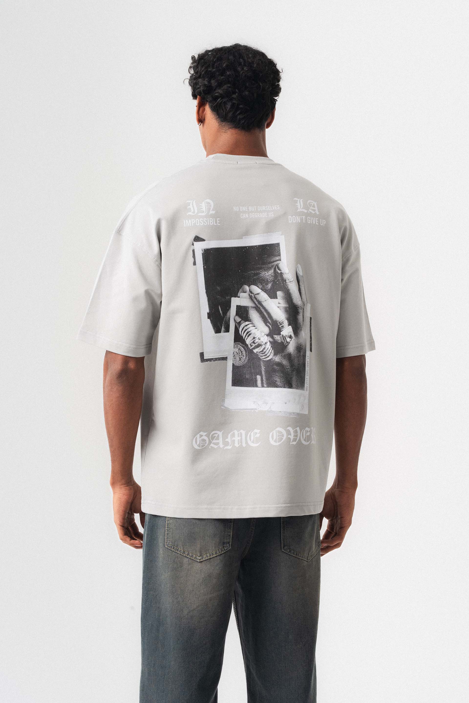 Game Over Gri Oversize Baskılı T-Shirt