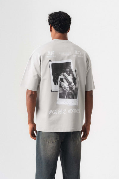 Game Over Gri Oversize Baskılı T-Shirt