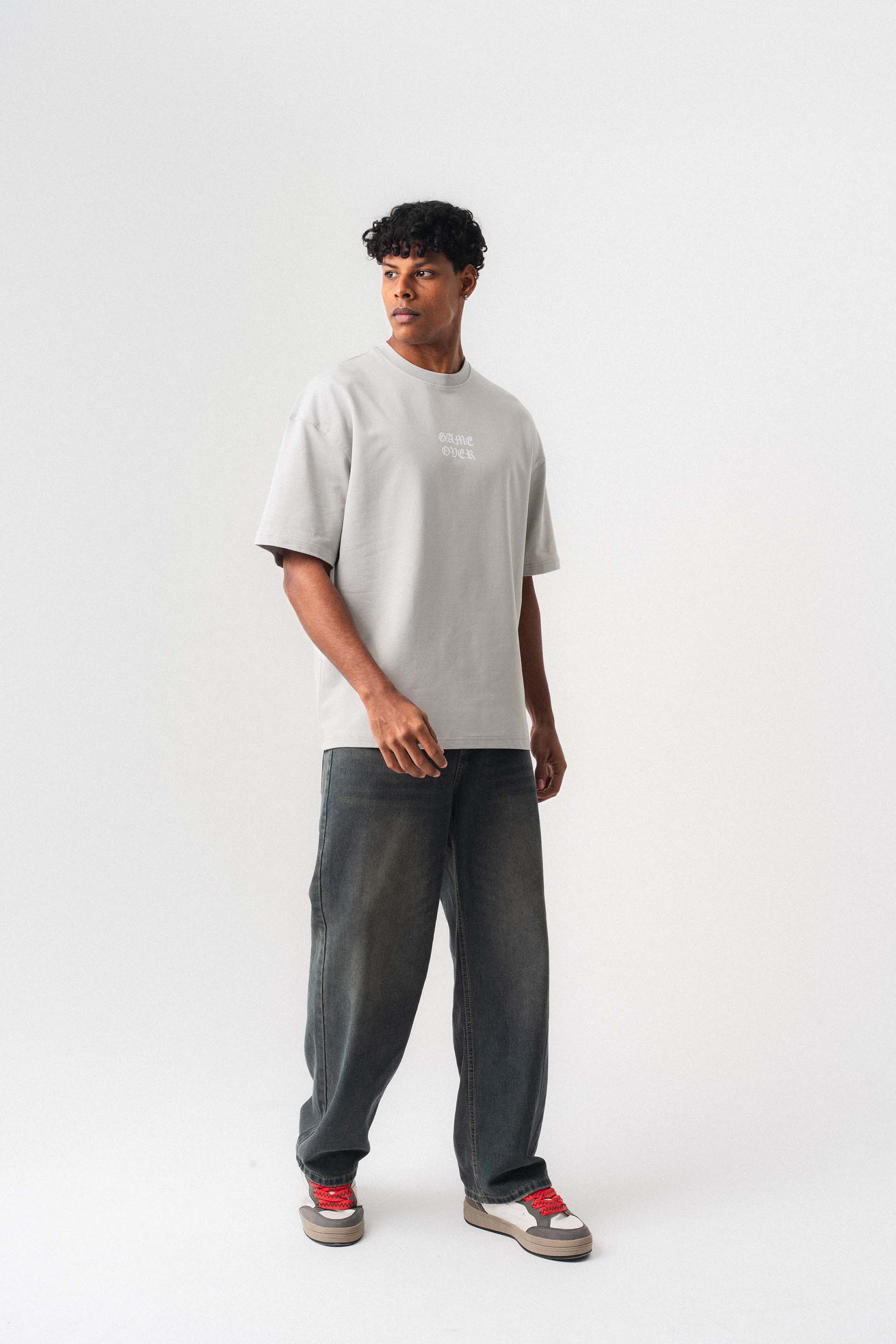 Game Over Gri Oversize Baskılı T-Shirt