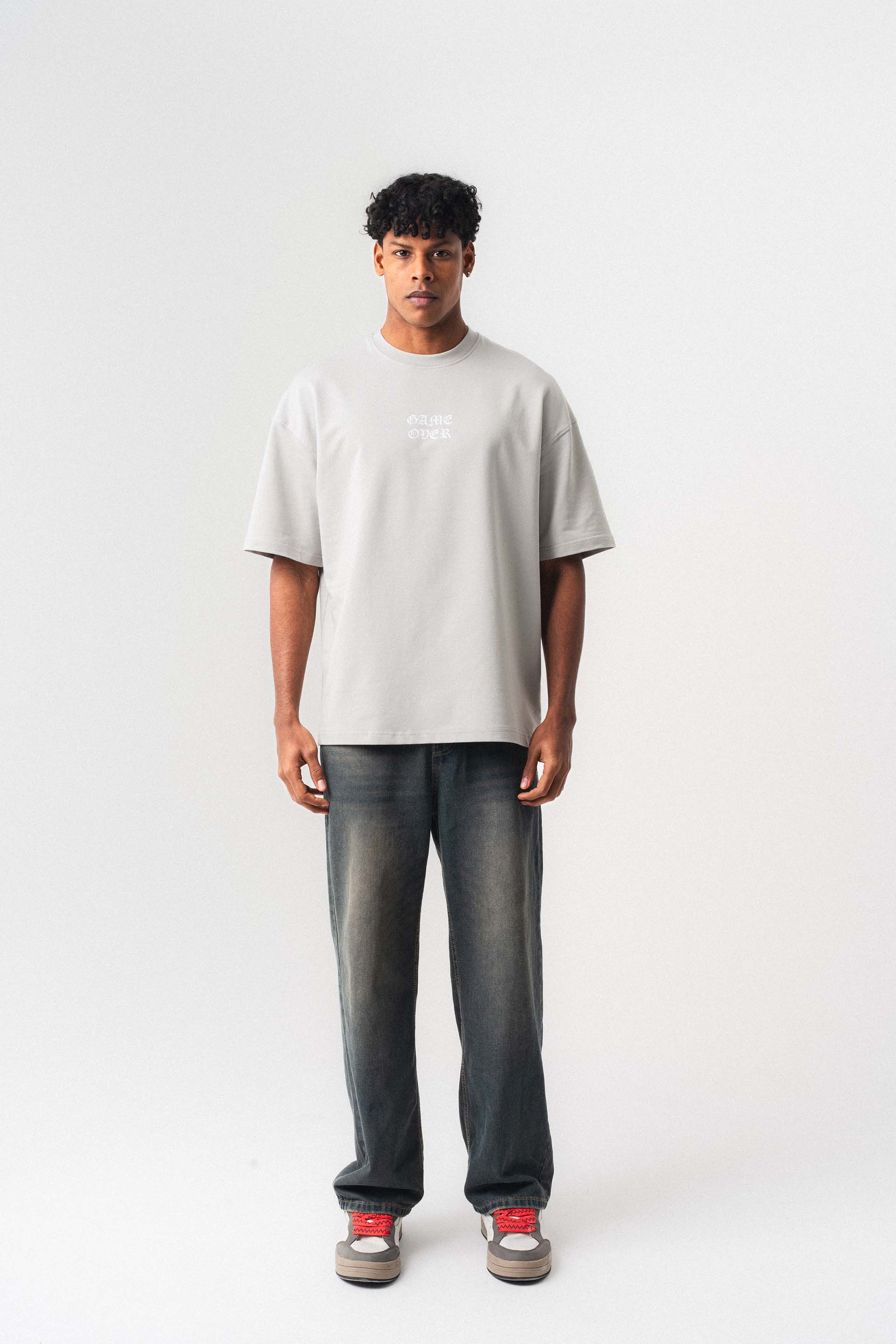 Game Over Gri Oversize Baskılı T-Shirt