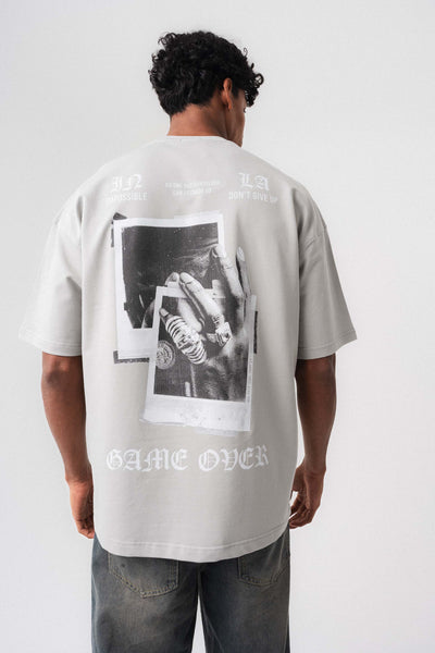 Game Over Gri Oversize Baskılı T-Shirt