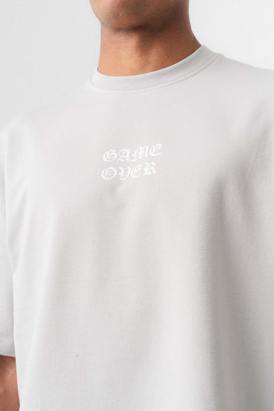 Game Over Gri Oversize Baskılı T-Shirt