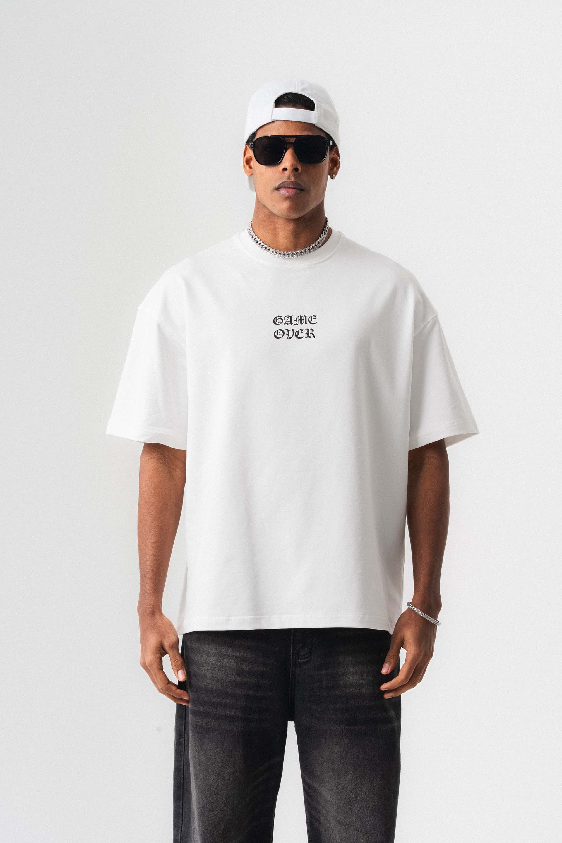 Game Over Beyaz Oversize Baskılı T-Shirt
