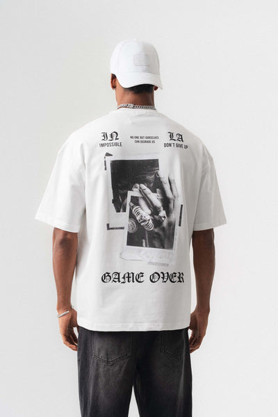 Game Over Beyaz Oversize Baskılı T-Shirt