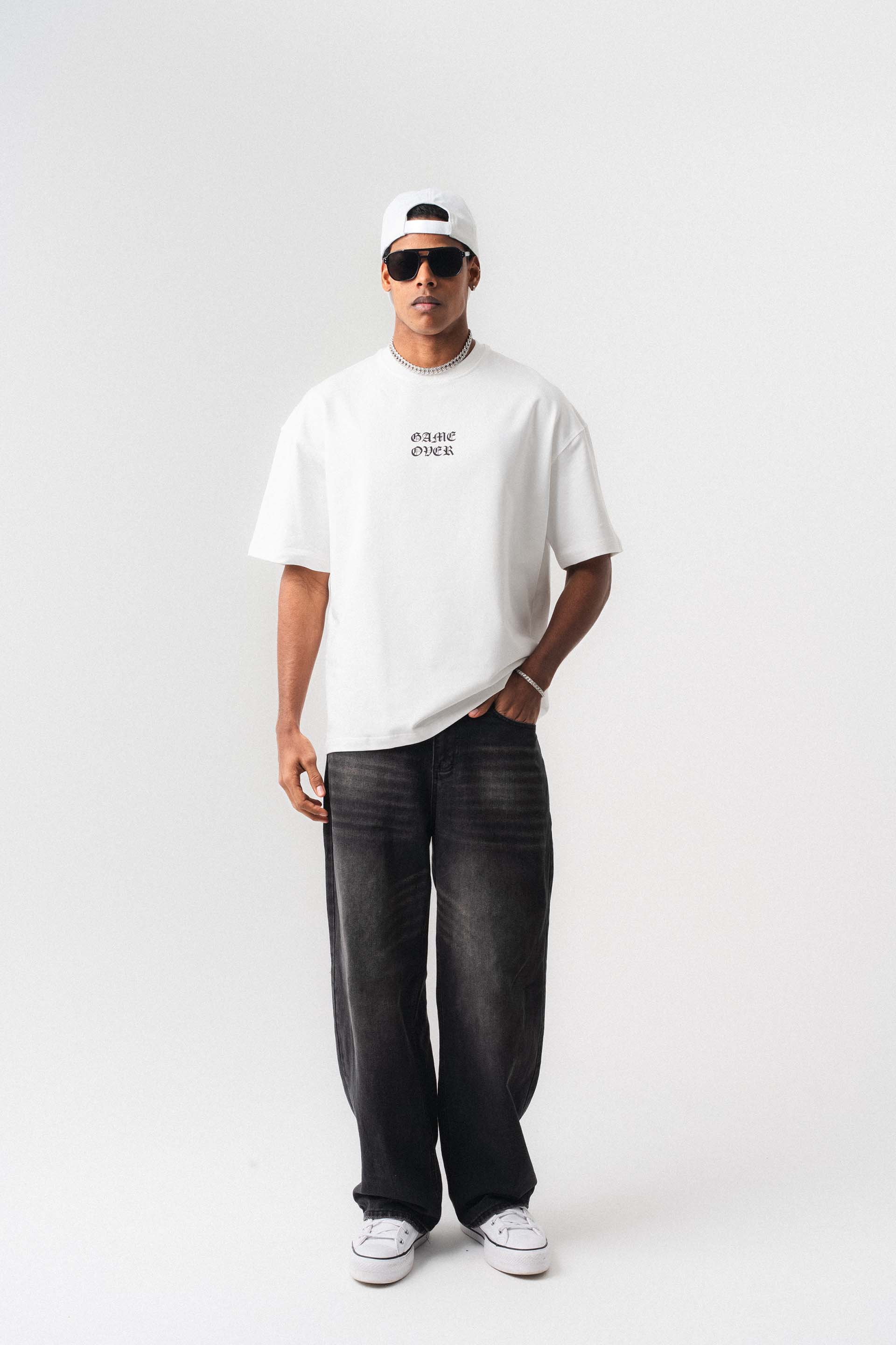 Game Over Beyaz Oversize Baskılı T-Shirt