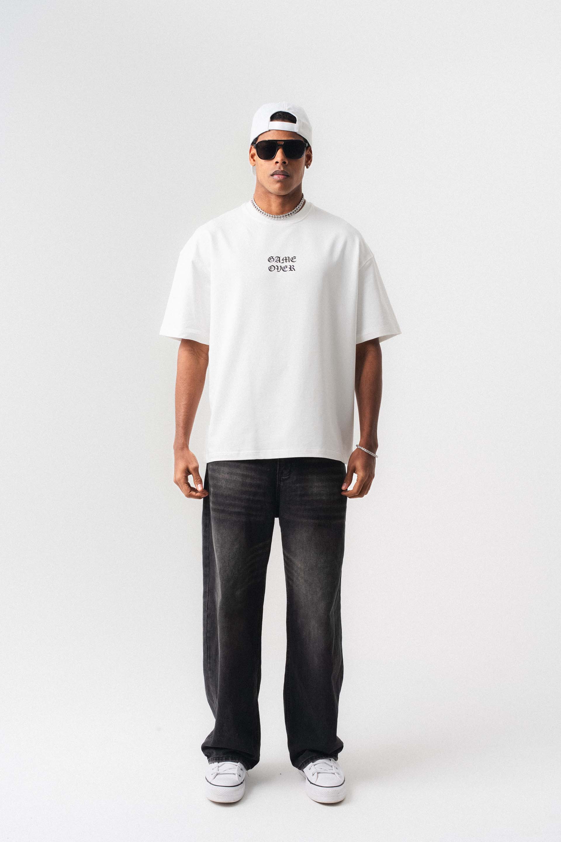 Game Over Beyaz Oversize Baskılı T-Shirt