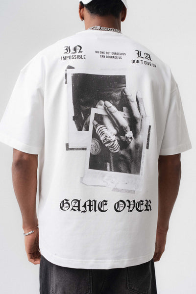 Game Over Beyaz Oversize Baskılı T-Shirt